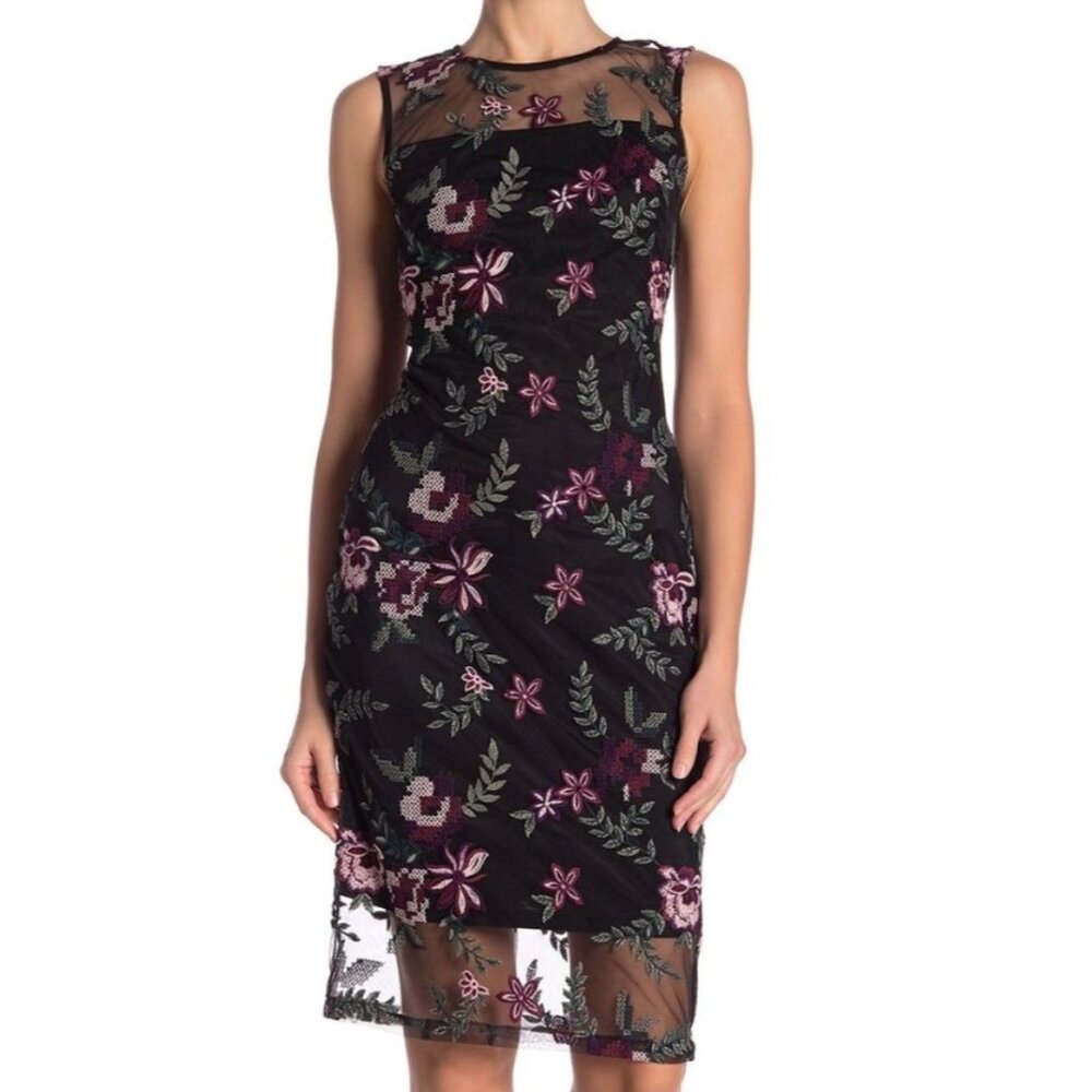 Calvin Klein NEW Embroidered Illusion Sheath Dress Sz 10 Floral Black Pink Midi